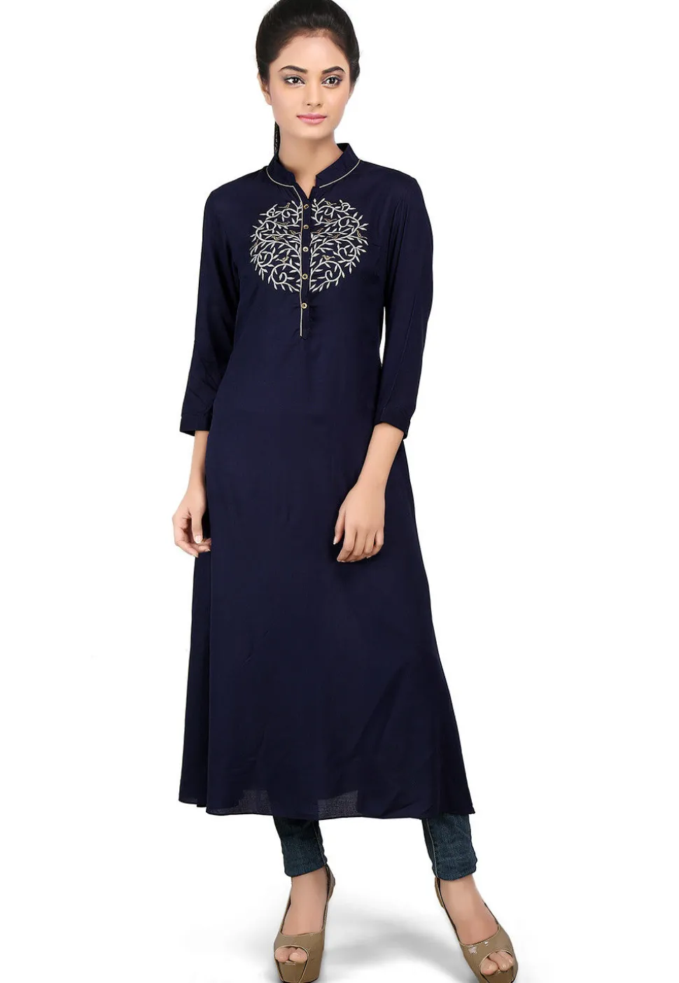 Embroidered Viscose Long Kurta in Navy Blue