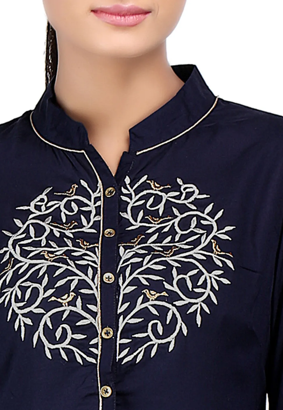 Embroidered Viscose Long Kurta in Navy Blue
