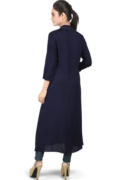 Embroidered Viscose Long Kurta in Navy Blue