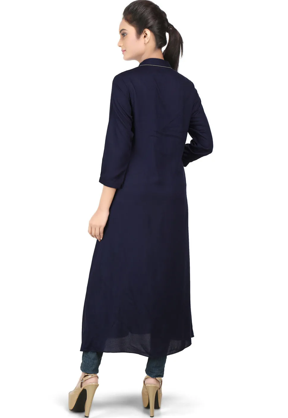 Embroidered Viscose Long Kurta in Navy Blue