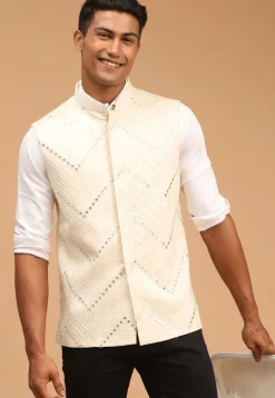 Embroidered Viscose Nehru Jacket in Cream