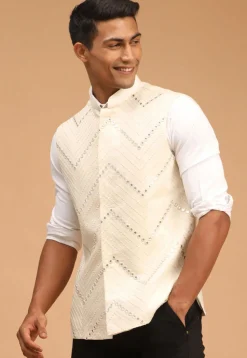 Embroidered Viscose Nehru Jacket in Cream