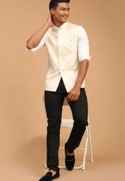 Embroidered Viscose Nehru Jacket in Cream