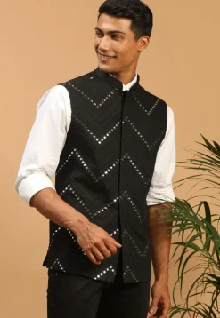 Embroidered Viscose Nehru Jacket in Black