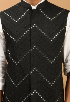 Embroidered Viscose Nehru Jacket in Black