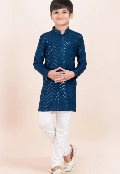 Embroidered Viscose Rayon Kurta Set in Teal Blue