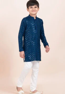Embroidered Viscose Rayon Kurta Set in Teal Blue