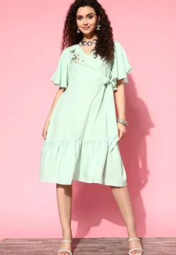 Embroidered Viscose Rayon Jacquard Sheath Dress in Pastel Green