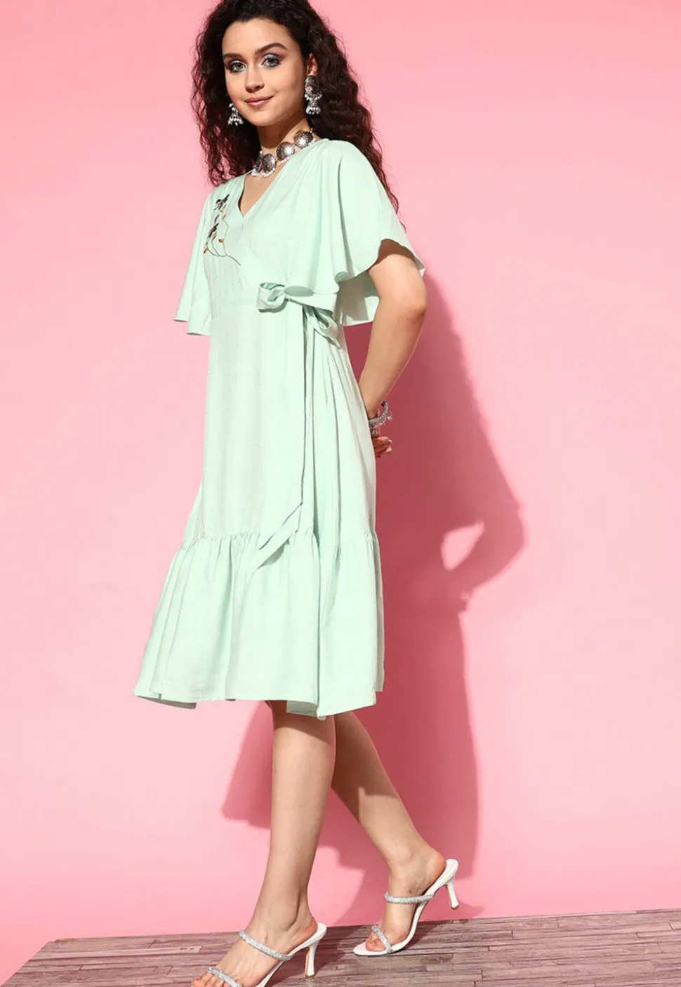 Embroidered Viscose Rayon Jacquard Sheath Dress in Pastel Green