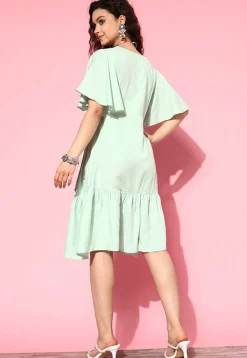Embroidered Viscose Rayon Jacquard Sheath Dress in Pastel Green