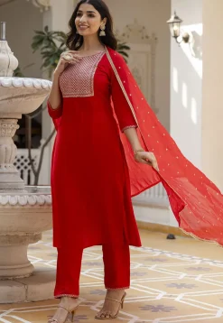 Embroidered Viscose Rayon Pakistani Suit in Red