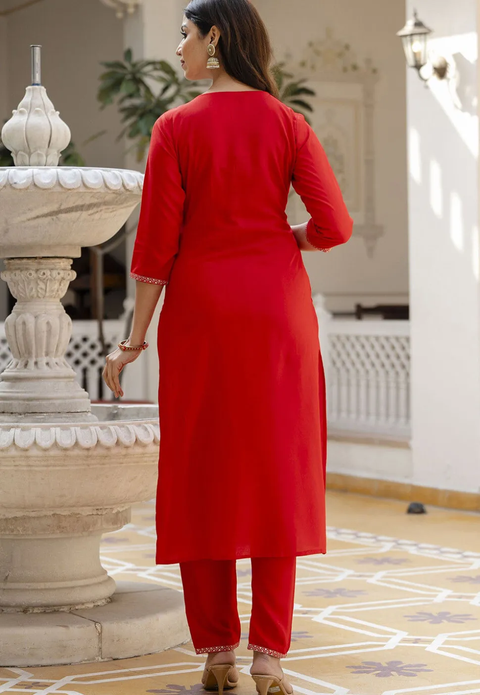 Embroidered Viscose Rayon Pakistani Suit in Red