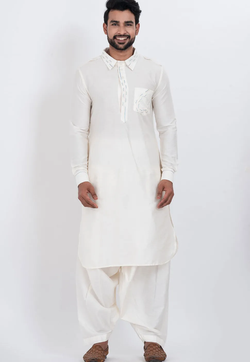 Embroidered Viscose Rayon Paithani Suit in Off White