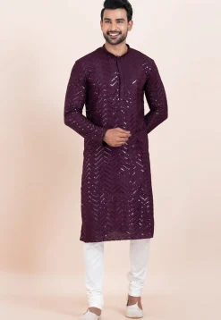 Embroidered Viscose Rayon Kurta Set in Violet