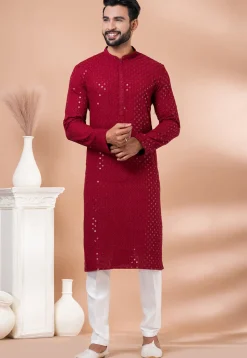 Embroidered Viscose Rayon Kurta Set in Red