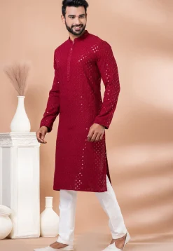 Embroidered Viscose Rayon Kurta Set in Red