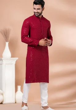 Embroidered Viscose Rayon Kurta Set in Red