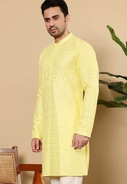 Embroidered Viscose Rayon Kurta in Yellow