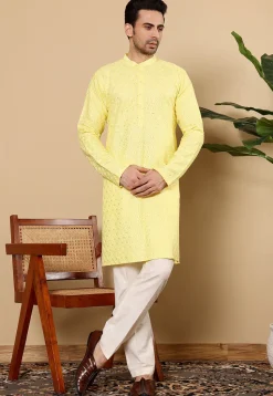 Embroidered Viscose Rayon Kurta in Yellow