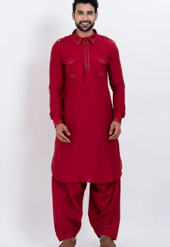Embroidered Viscose Rayon Paithani Suit in Red