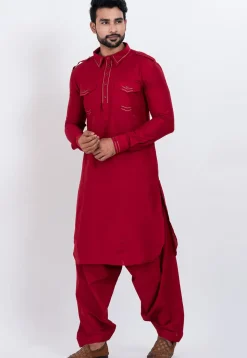 Embroidered Viscose Rayon Paithani Suit in Red