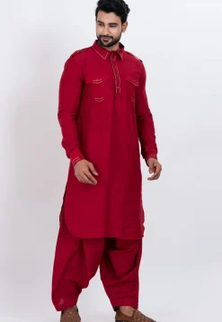 Embroidered Viscose Rayon Paithani Suit in Red