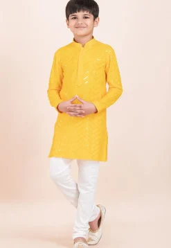 Embroidered Viscose Rayon Kurta Set in Yellow
