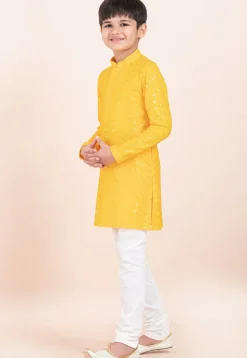 Embroidered Viscose Rayon Kurta Set in Yellow
