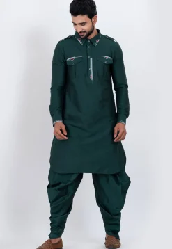 Embroidered Viscose Rayon Paithani Suit in Dark Teal Green