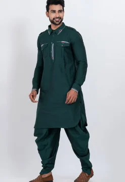Embroidered Viscose Rayon Paithani Suit in Dark Teal Green