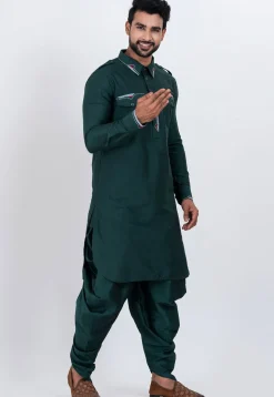 Embroidered Viscose Rayon Paithani Suit in Dark Teal Green