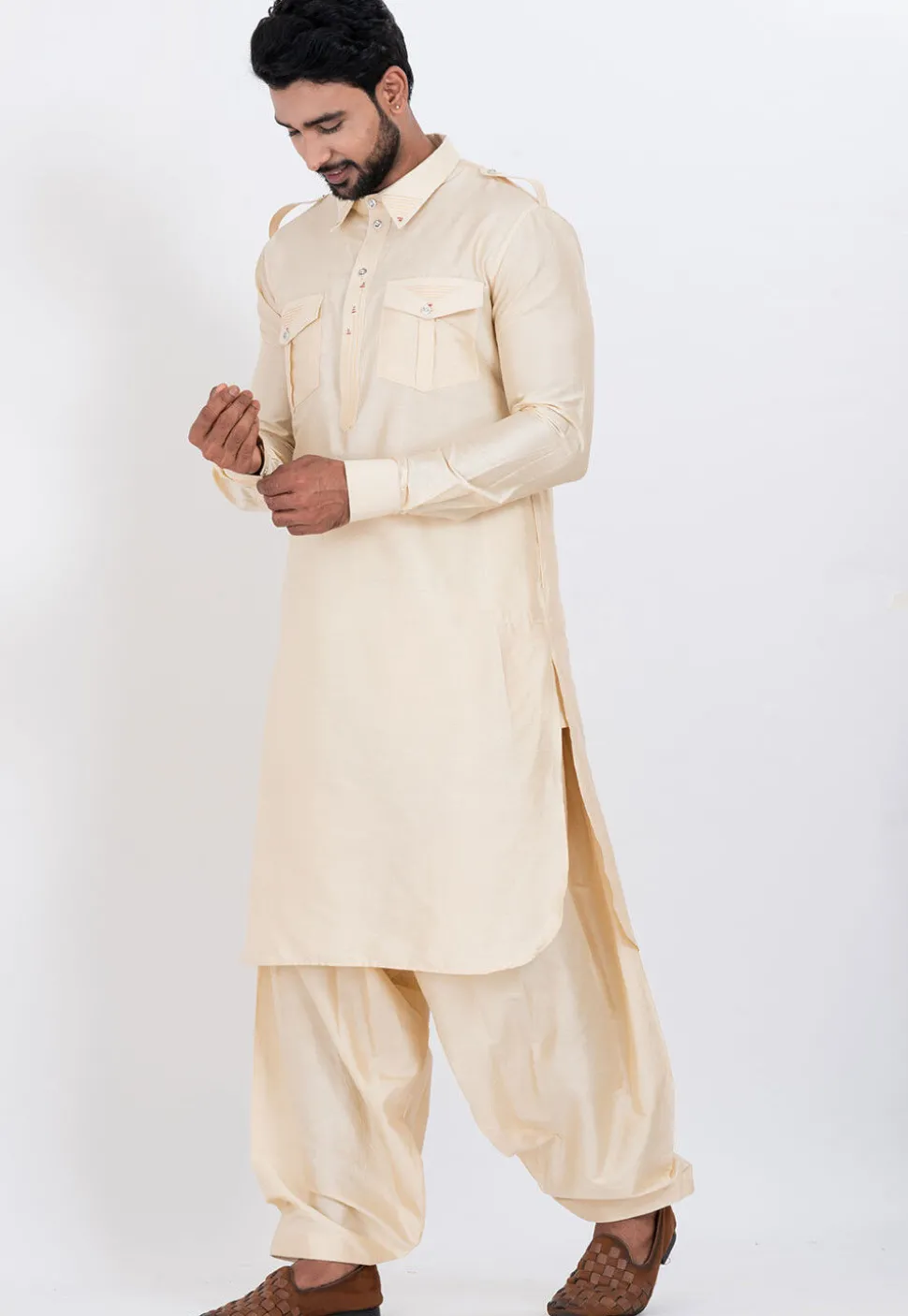 Embroidered Viscose Rayon Paithani Suit in Cream