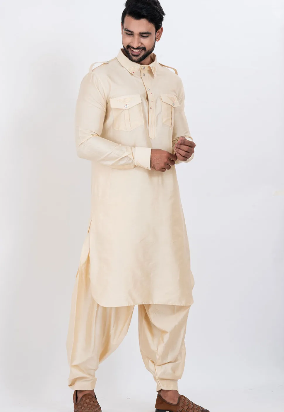 Embroidered Viscose Rayon Paithani Suit in Cream