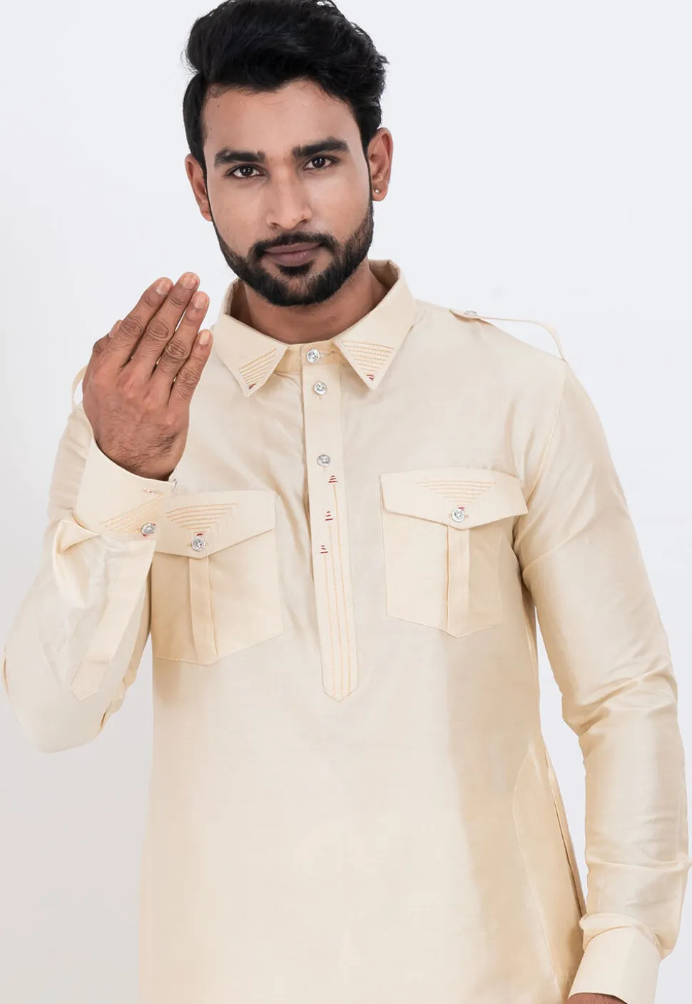 Embroidered Viscose Rayon Paithani Suit in Cream