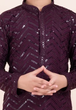 Embroidered Viscose Rayon Kurta Set in Wine