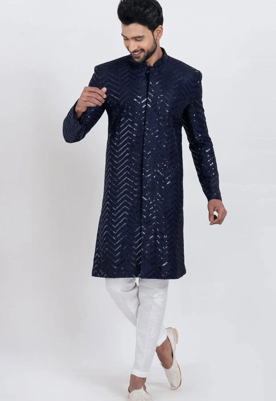 Embroidered Viscose Rayon Sherwani in Navy Blue
