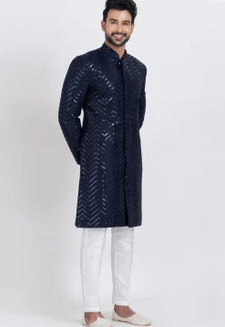 Embroidered Viscose Rayon Sherwani in Navy Blue