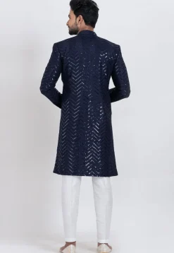 Embroidered Viscose Rayon Sherwani in Navy Blue