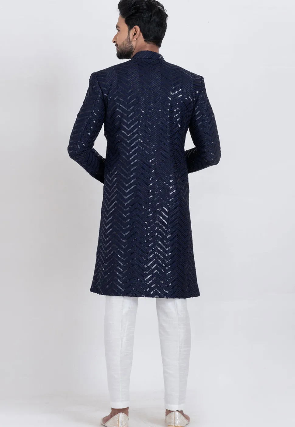 Embroidered Viscose Rayon Sherwani in Navy Blue