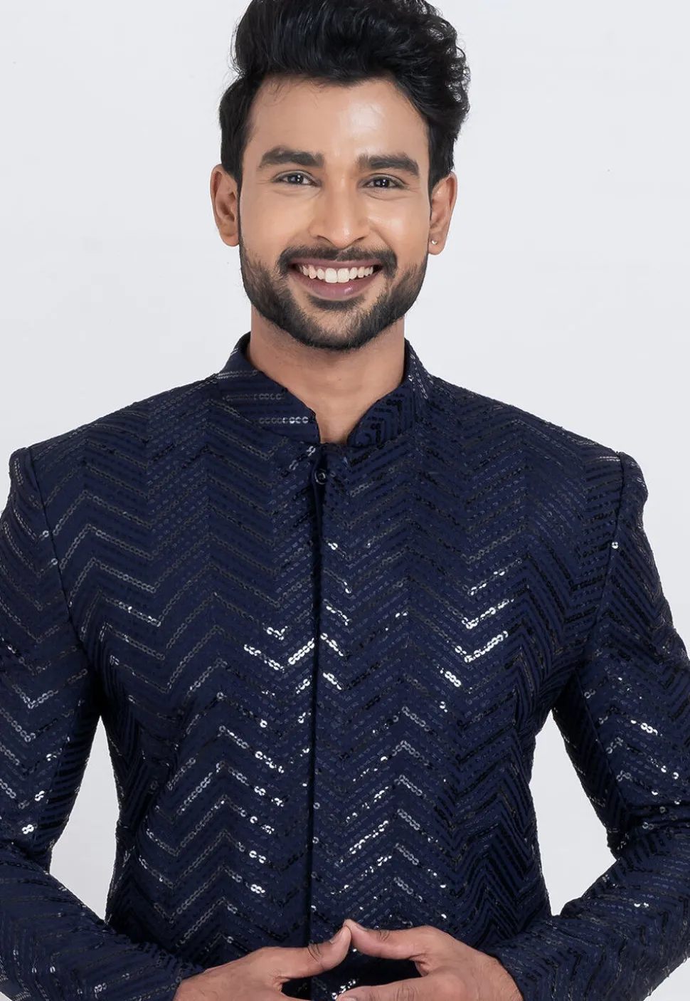 Embroidered Viscose Rayon Sherwani in Navy Blue