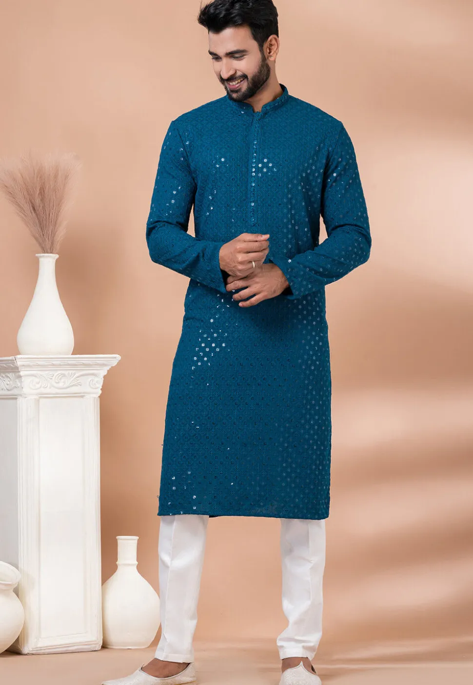 Embroidered Viscose Rayon Kurta Set in Teal Blue