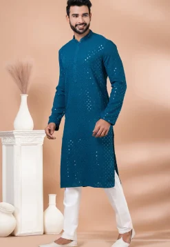 Embroidered Viscose Rayon Kurta Set in Teal Blue