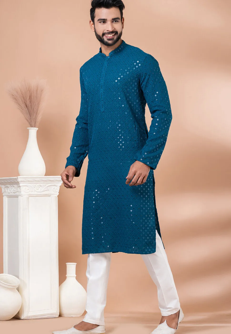 Embroidered Viscose Rayon Kurta Set in Teal Blue