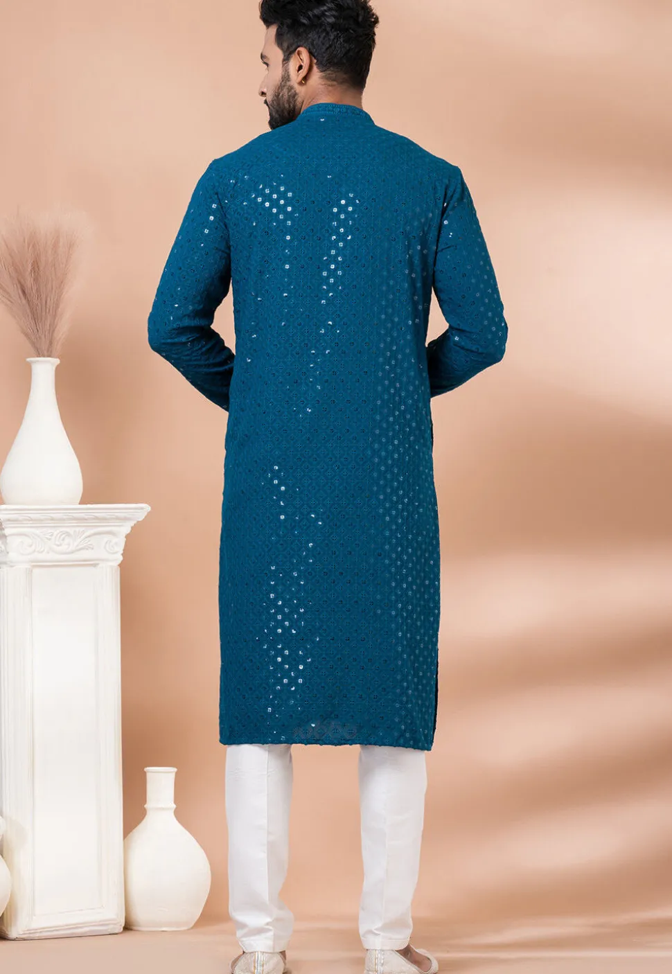 Embroidered Viscose Rayon Kurta Set in Teal Blue