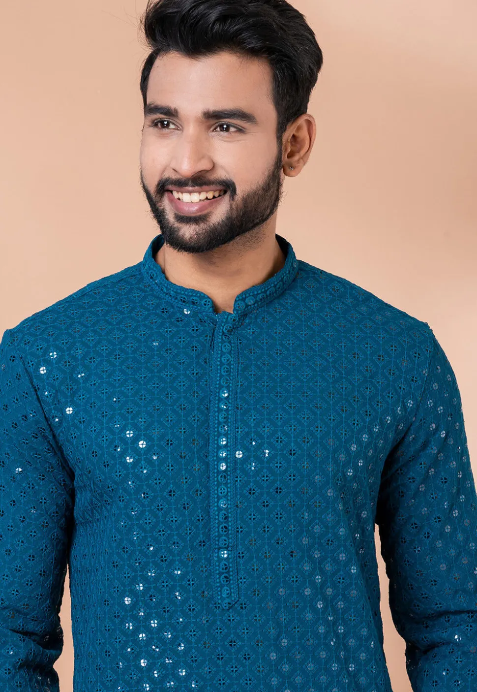 Embroidered Viscose Rayon Kurta Set in Teal Blue