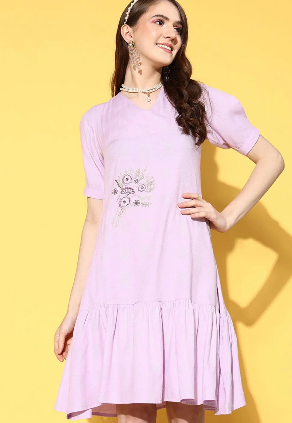 Embroidered Viscose Rayon Jacquard Sheath Dress in Light Purple