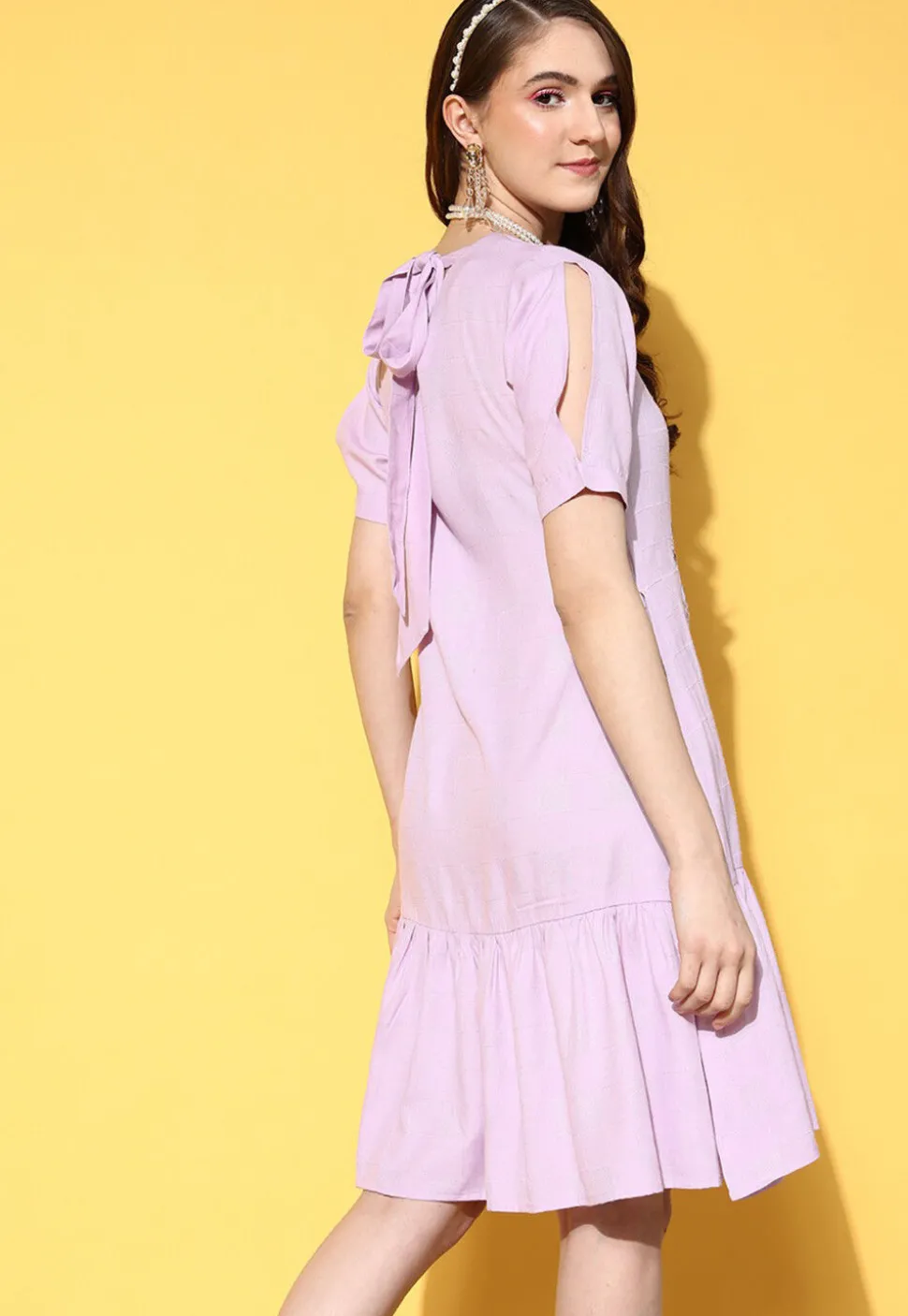 Embroidered Viscose Rayon Jacquard Sheath Dress in Light Purple
