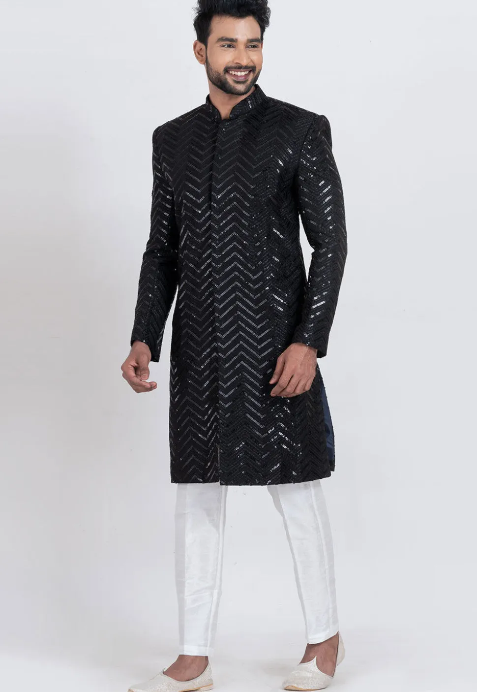 Embroidered Viscose Rayon Sherwani in Black