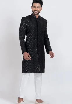 Embroidered Viscose Rayon Sherwani in Black