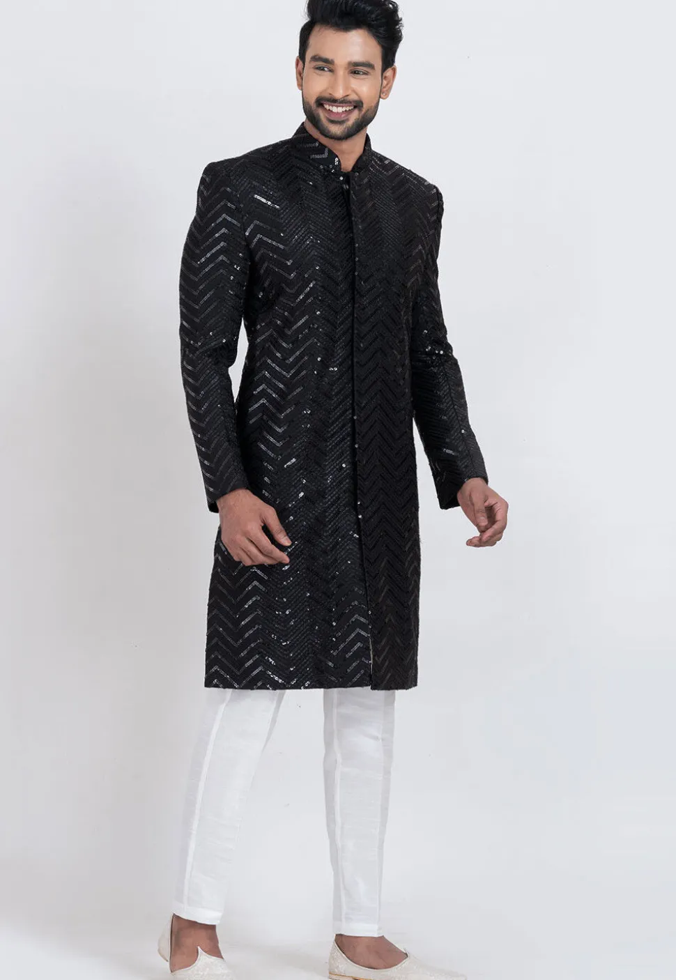 Embroidered Viscose Rayon Sherwani in Black
